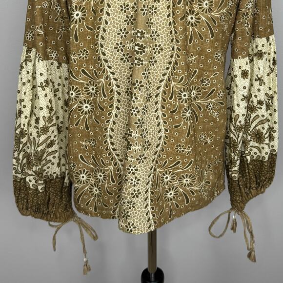 D'ascoli Peasant Blouse Size Medium Brown Floral Long Sleeve Cotton Boho Resort - Picture 6 of 10
